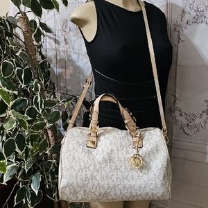 Michael Kors Large Monogram Barrel Handbag With New Crossbody Strap